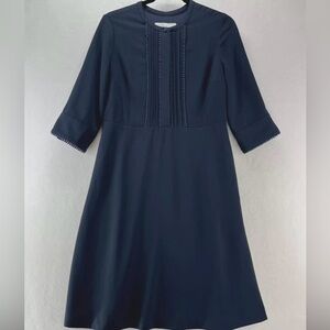 John Lewis Dress Sz 8 A-Line Crepe Pom Trim Pintuck 3/4 Sleeve Knee Length Blue